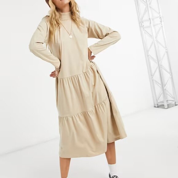 ASOS DESIGN | Smock Midi Dress Tiered Hem color Beige size 10 - Picture 1 of 4